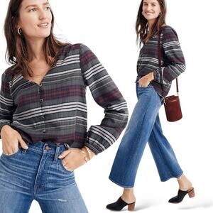 MADEWELL Pineview Plaid Button Front Blouse Top Striped Green Red Cozy Chic S/M